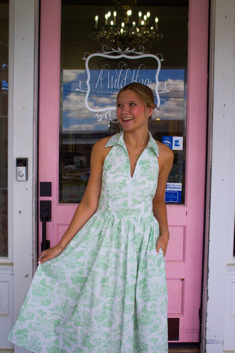 Green + White Floral Halter Neck Dress