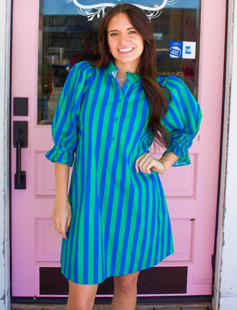 green and blue striped dress Green/Blue Ruffle Puff sleeves