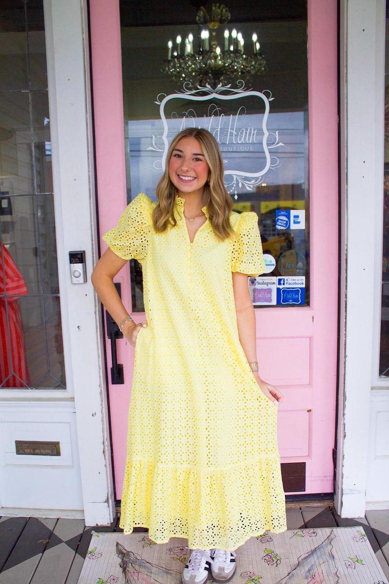 yellow eyelet dress Easy Grace Midi in Curves 2XL / Yellow The Maisey Yellow Maxi Dress featuring a flattering v Ladies - Yellow Tie-strap broderie