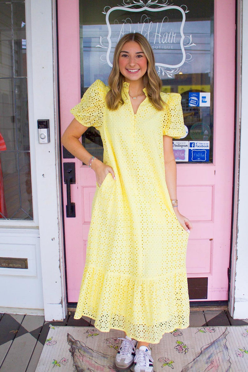yellow eyelet midi dress The Yellow Eyelet Midi Dress