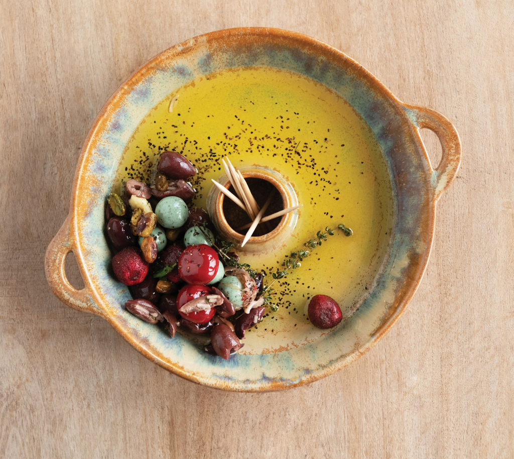 Stoneware Dish with Toothpick Holder with Glaze