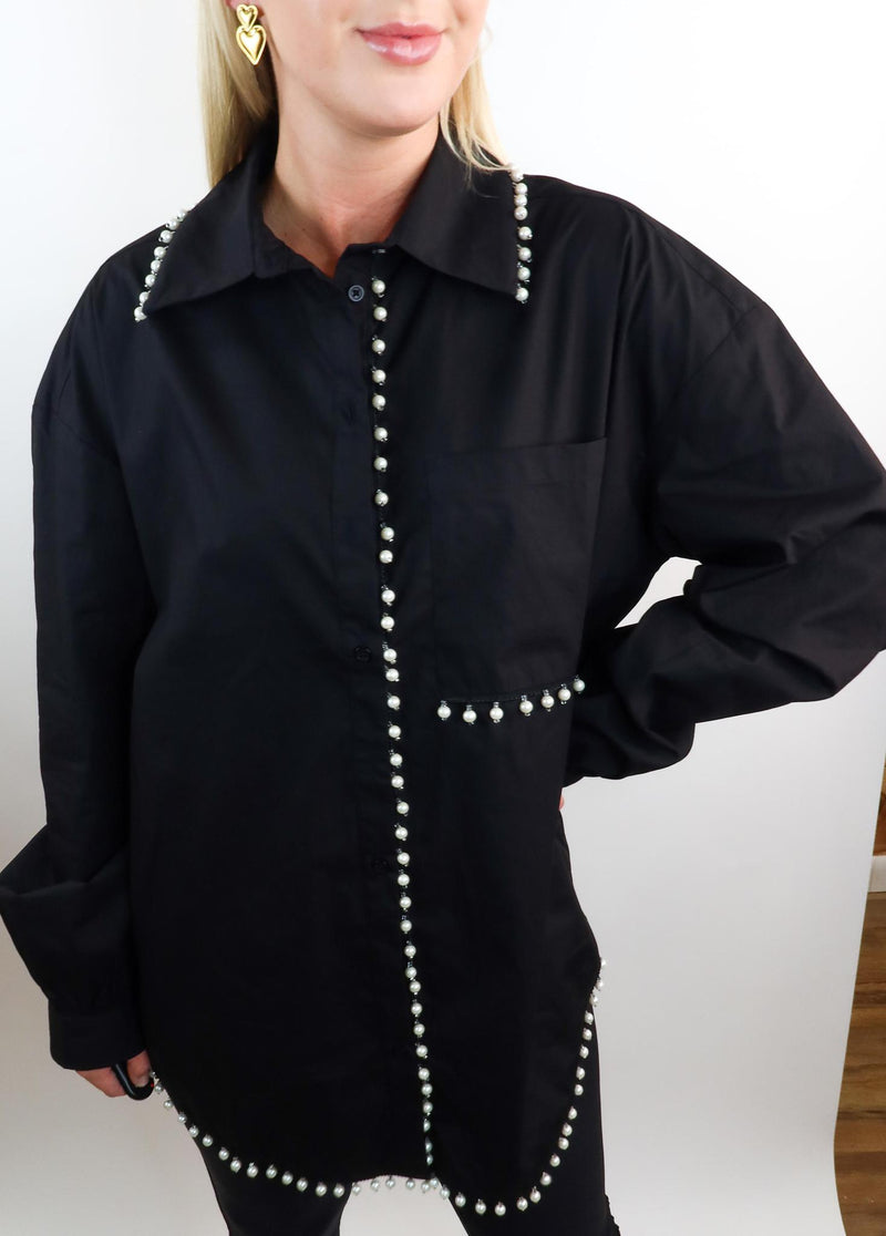 The Black Jackie O Pearl Trimmed Top. FINAL SALE.
