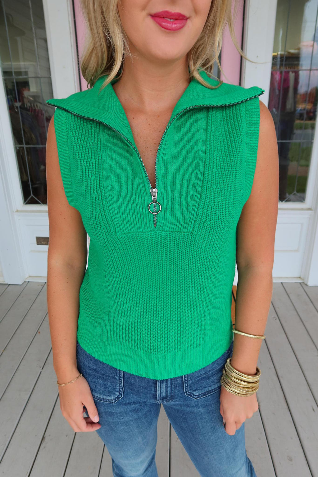 Girly Green Quarter Zip Sleeveless Sweater Top