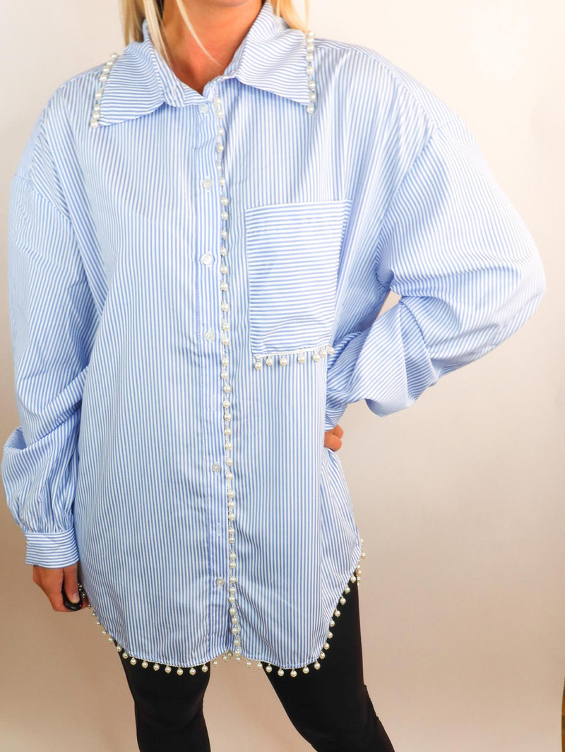 The Blue Jackie O Pearl Trimmed Top. FINAL SALE.
