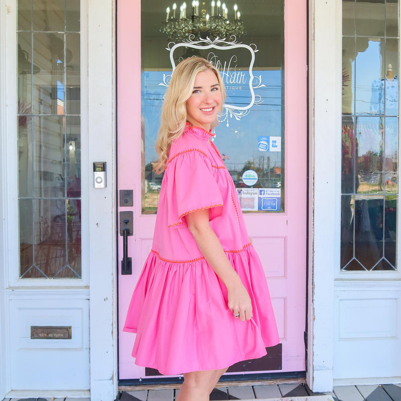 Karlie Pink/Orange Embroidered Tiered Dress.