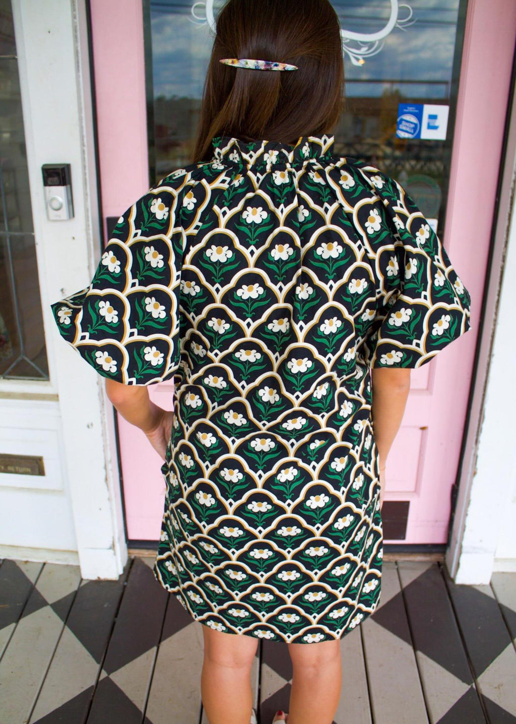 Black Botanical Puff Sleeve Dress