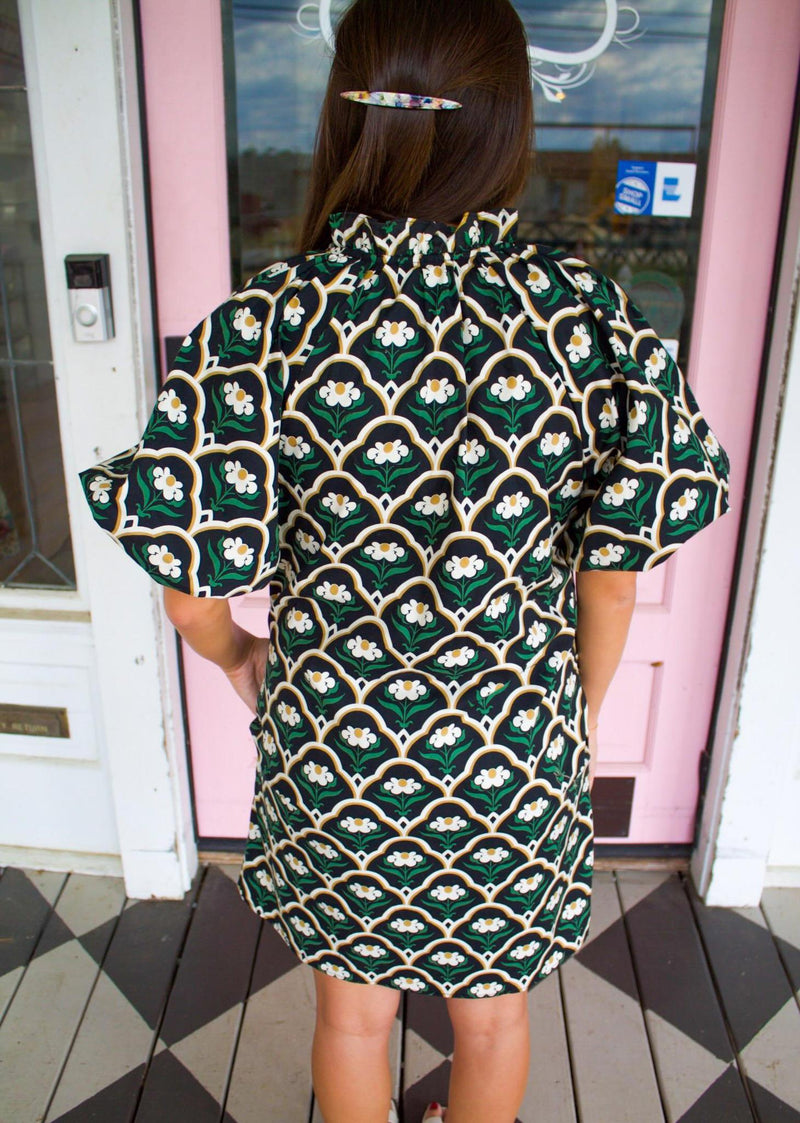 Black Botanical Puff Sleeve Dress