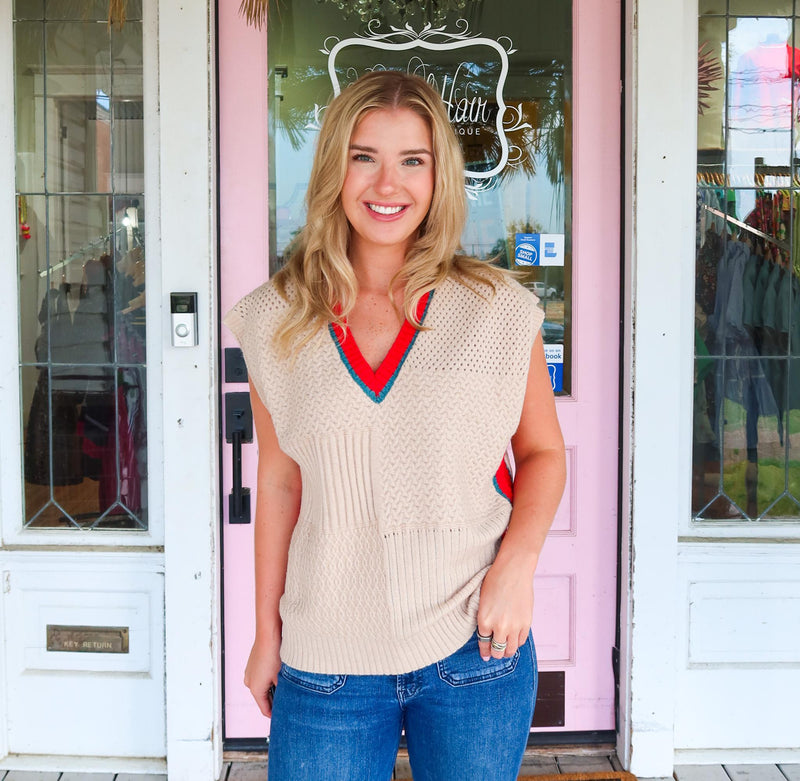 The Laura Taupe/Red Sweater Vest Top!