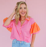Karlie Pink/Orange Ruffle Color Block Sleeve Top