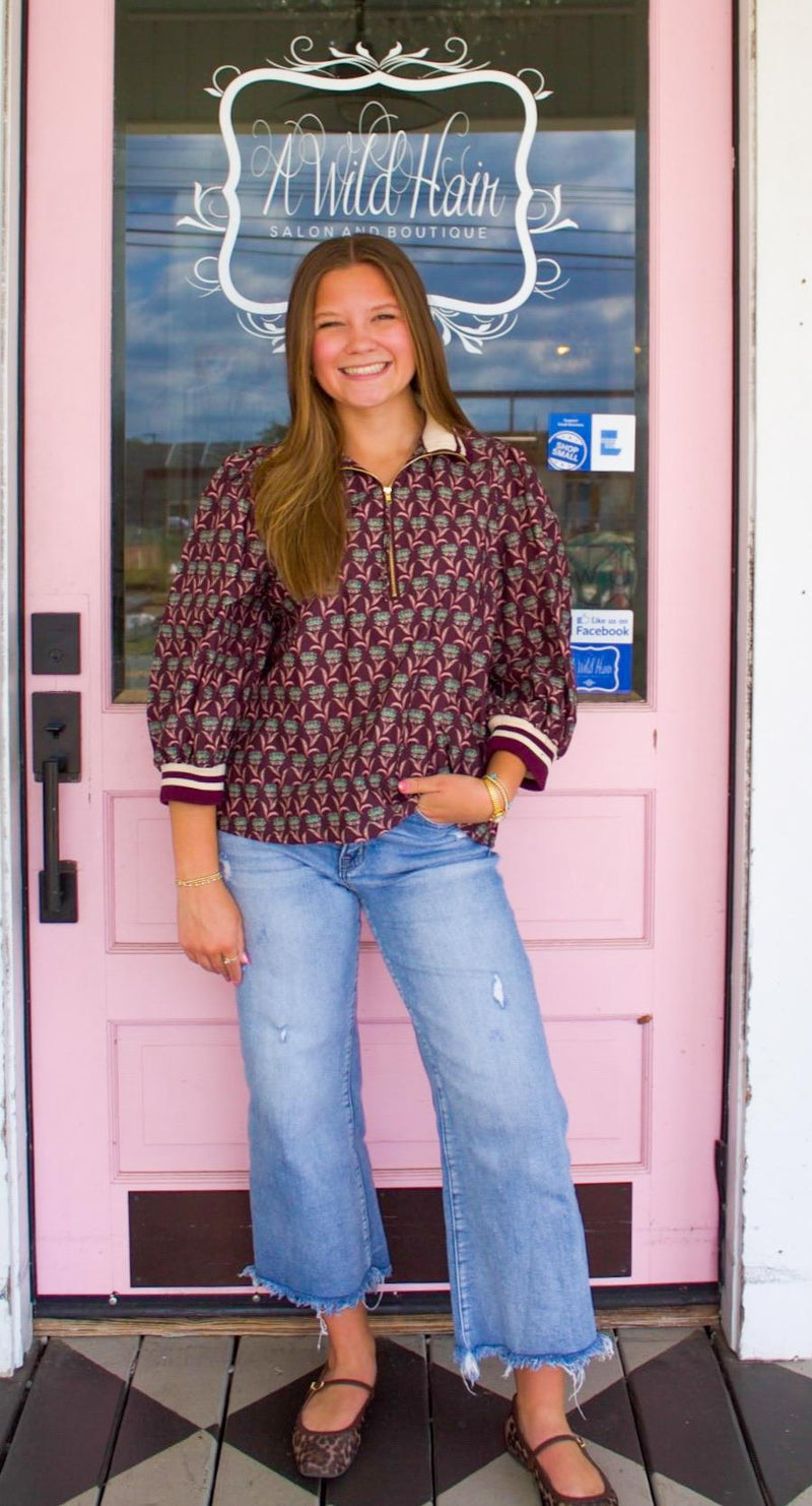 Merlot Half Zip Floral Top