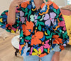 Karlie Black/Multi Floral Poplin Vneck Puff Sleeve Top