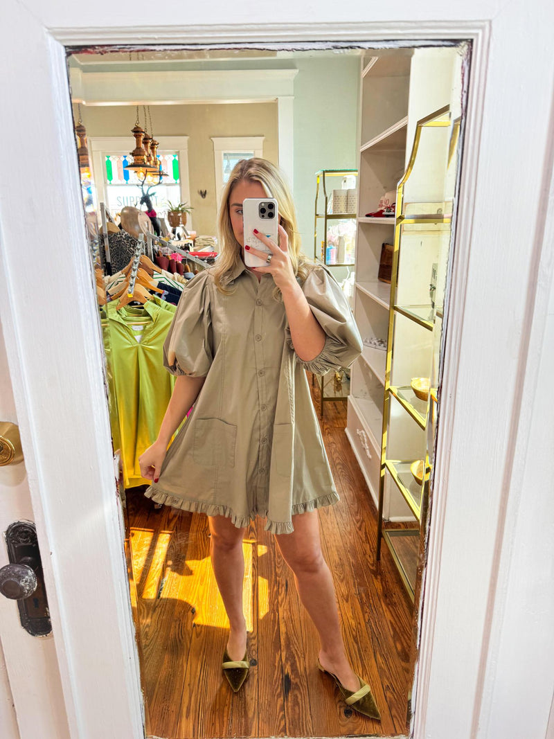 Karlie Khaki Solid Puff Sleeve Ruffle Pocket Dress