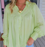 Karlie Green Solid Satin Pleat Button Up Top