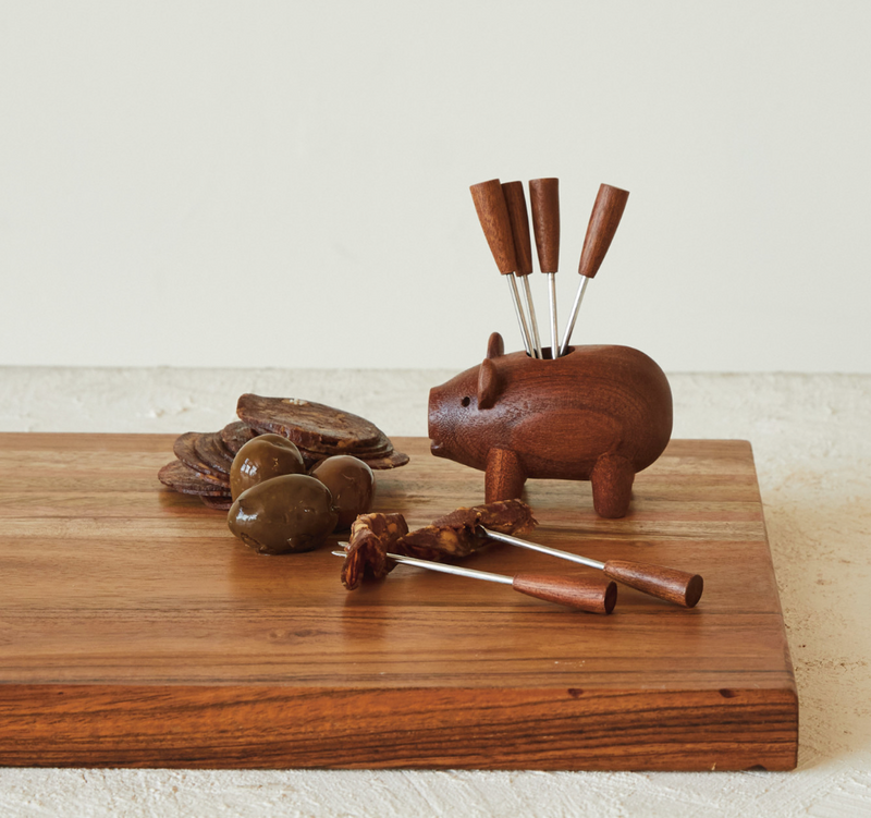 Sapele Wood Pig Shaped Holder w/ 6 Appetizer Forks, Set of 7