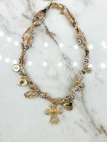 Beige/Gold Cross & Heart Charm Scarf Necklace