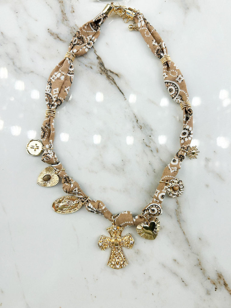 Beige/Gold Cross & Heart Charm Scarf Necklace