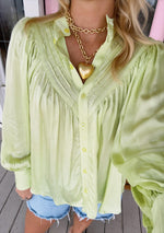 Karlie Green Solid Satin Pleat Button Up Top