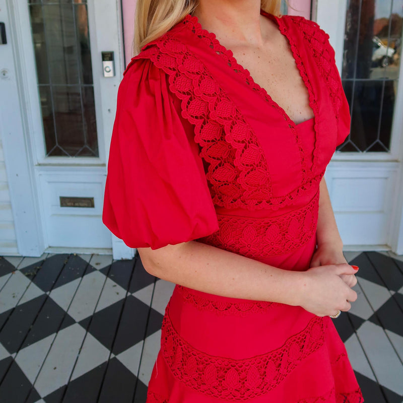 Karlie Solid Red Lace Trim Dress!