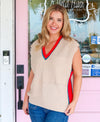 The Laura Taupe/Red Sweater Vest Top!