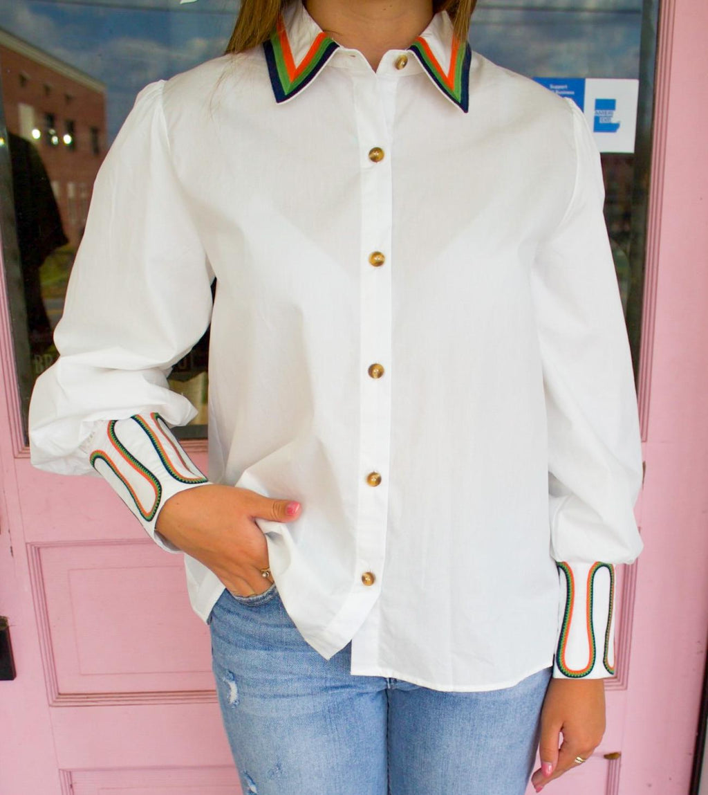 White Embroidery Accent Button Down Top