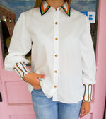 White Embroidery Accent Button Down Top