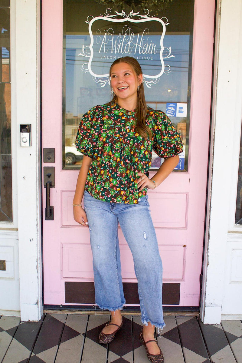 KARLIE-Floral Pleat Sleeve Top