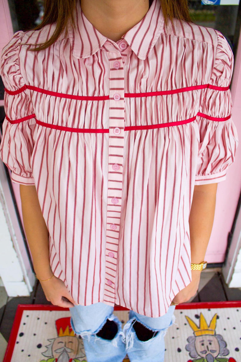 Karlie Red Stripe Button Down Top