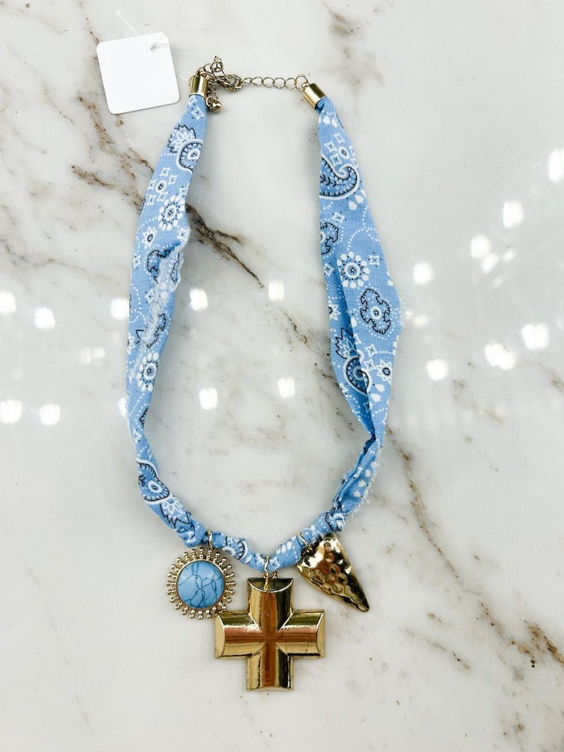 Turquoise Bold Cross Charm Scarf Necklace