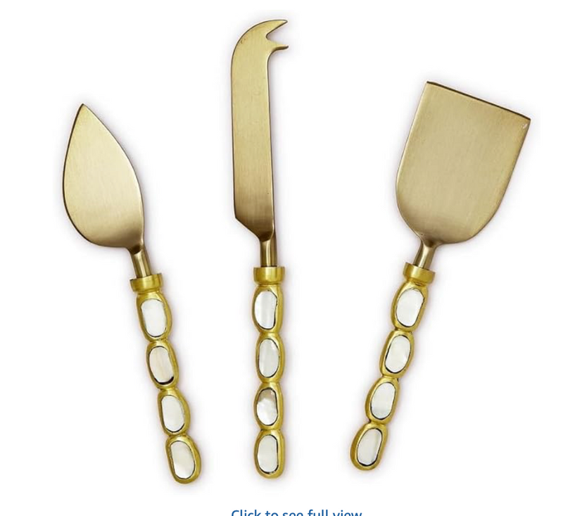 Two's Company Keshi Mother of Pearl Handled Cheese Knives, 8-inches Height, Stainless Steel, Gold, Set of 3, Home Décor
