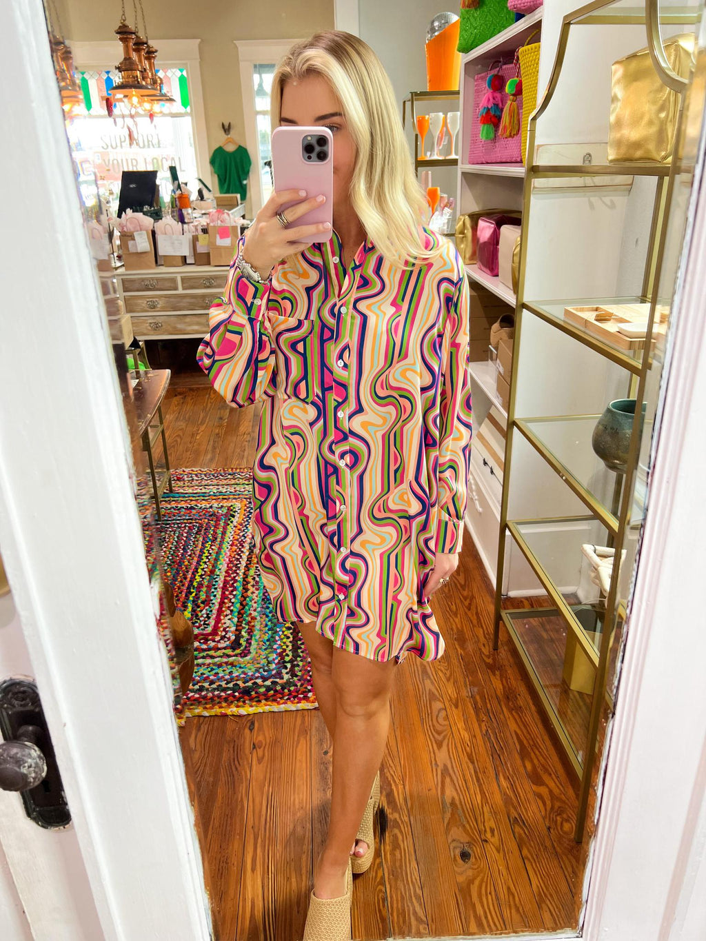 Karlie Bright Geometric Pocket Shirt Dress