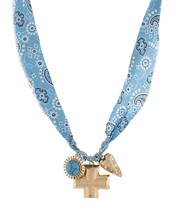 Turquoise Bold Cross Charm Scarf Necklace