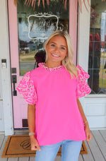 Hannie Hot Pink Flare Sleeve Embroidered Top.