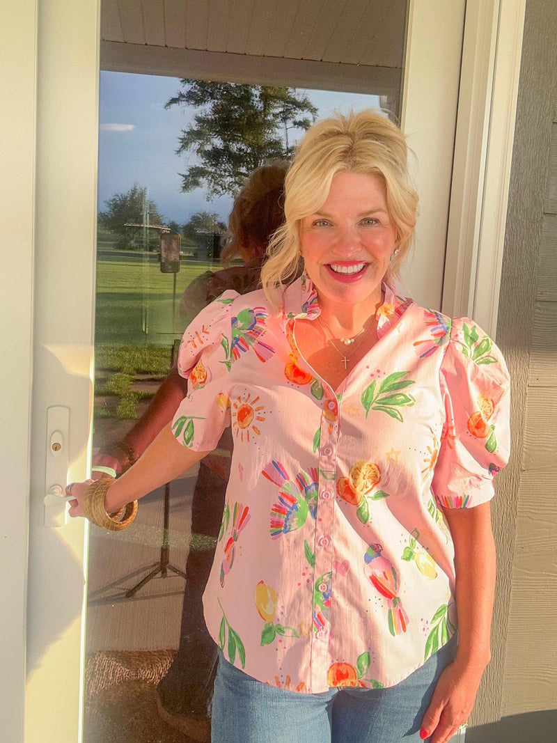 Karlie Toucan Fruit Puff Sleeve Button Down Top