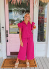 Margie Magenta Ruffle Half Zip Top!