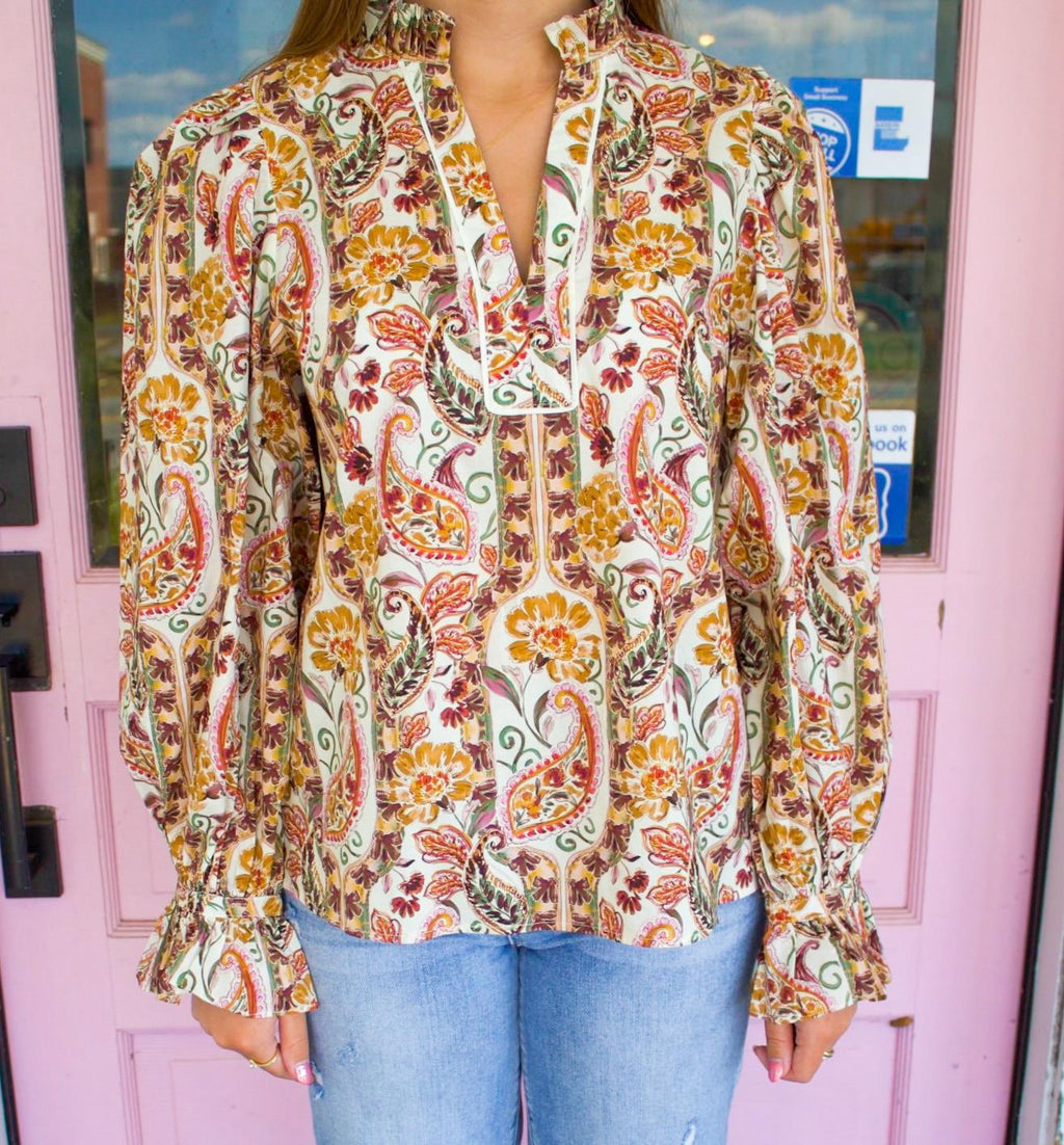 Paisley Print Ecru Ruffle Top