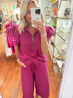 Margie Magenta Ruffle Half Zip Top!