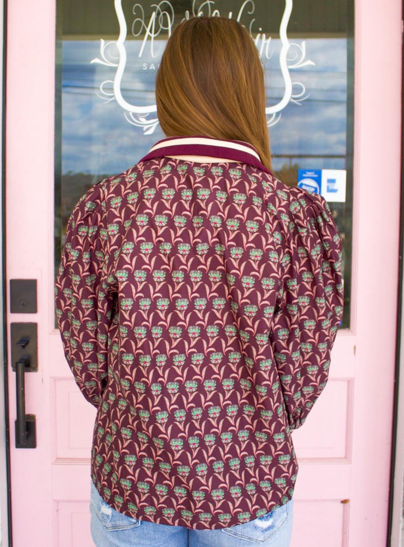 Merlot Half Zip Floral Top