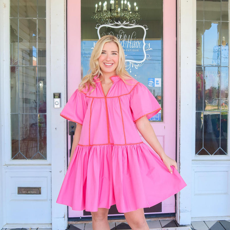 Karlie Pink/Orange Embroidered Tiered Dress.