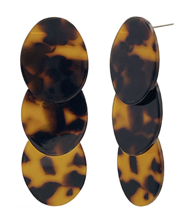 Tortoise Acetate Oval Plate 3 Drop Earrings