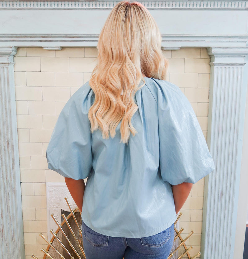 The Blue Leather Puff Sleeve Top, THML.