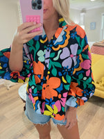 Karlie Black/Multi Floral Poplin Vneck Puff Sleeve Top