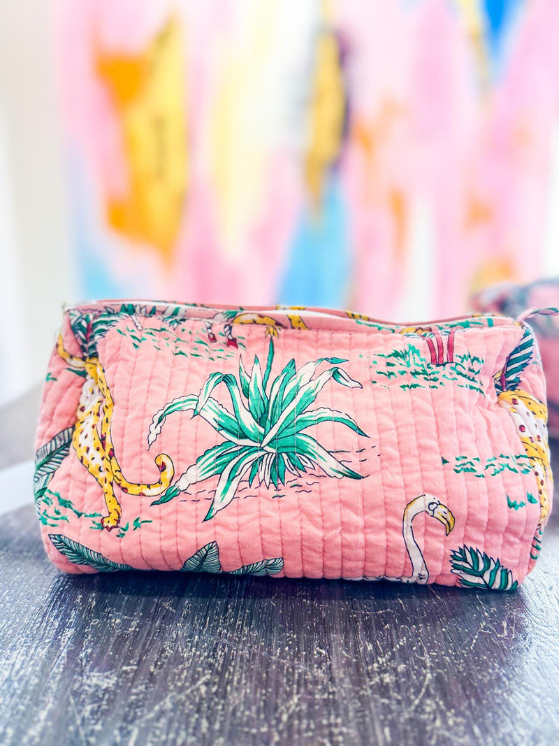 Pink Hand Biock Printed Cosmetic Bags