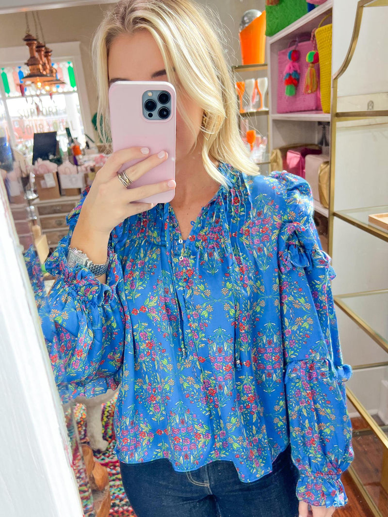 Karlie Blue Floral Satin Ruffle Sleeve Top. FINAL SALE.