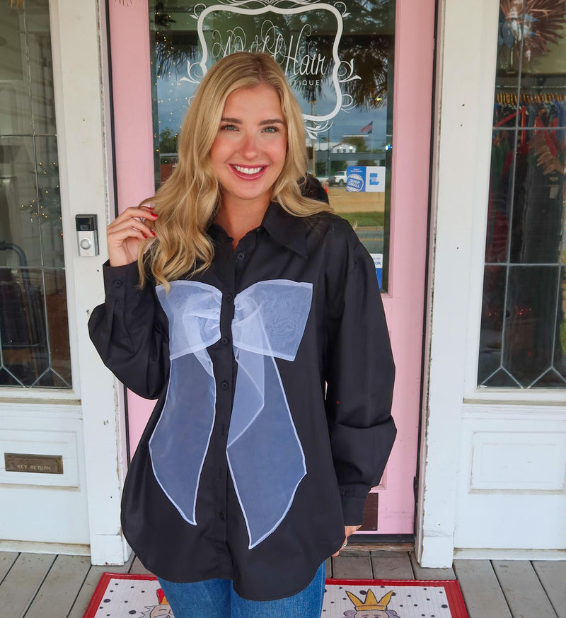 Black Button Down Bow Top.