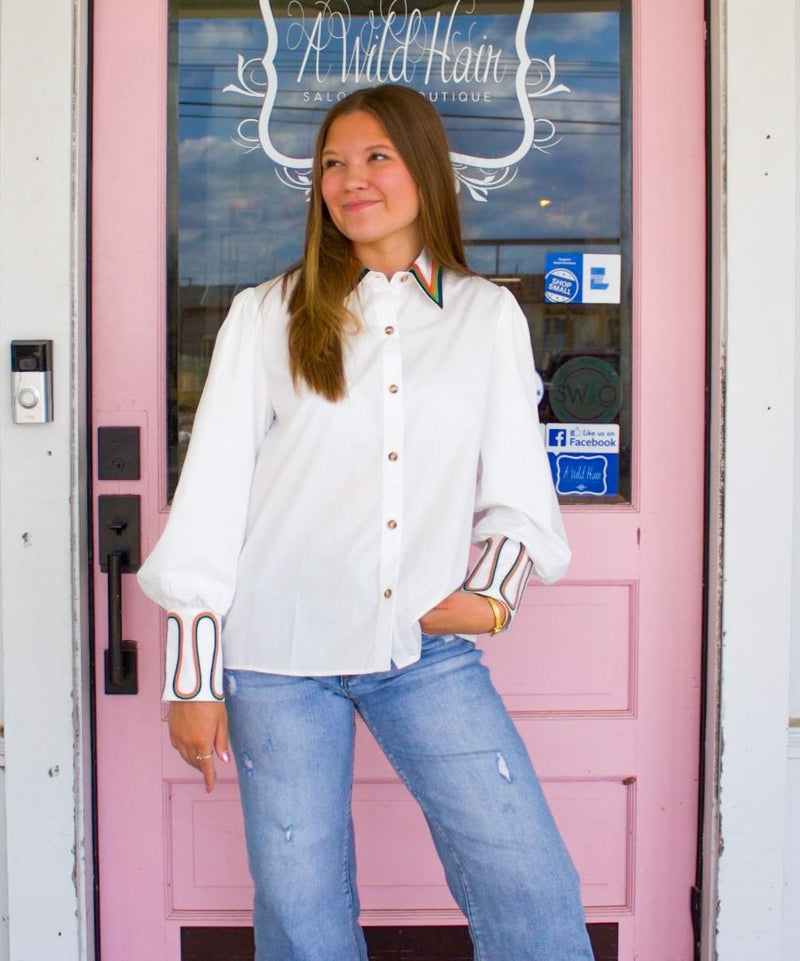 White Embroidery Accent Button Down Top