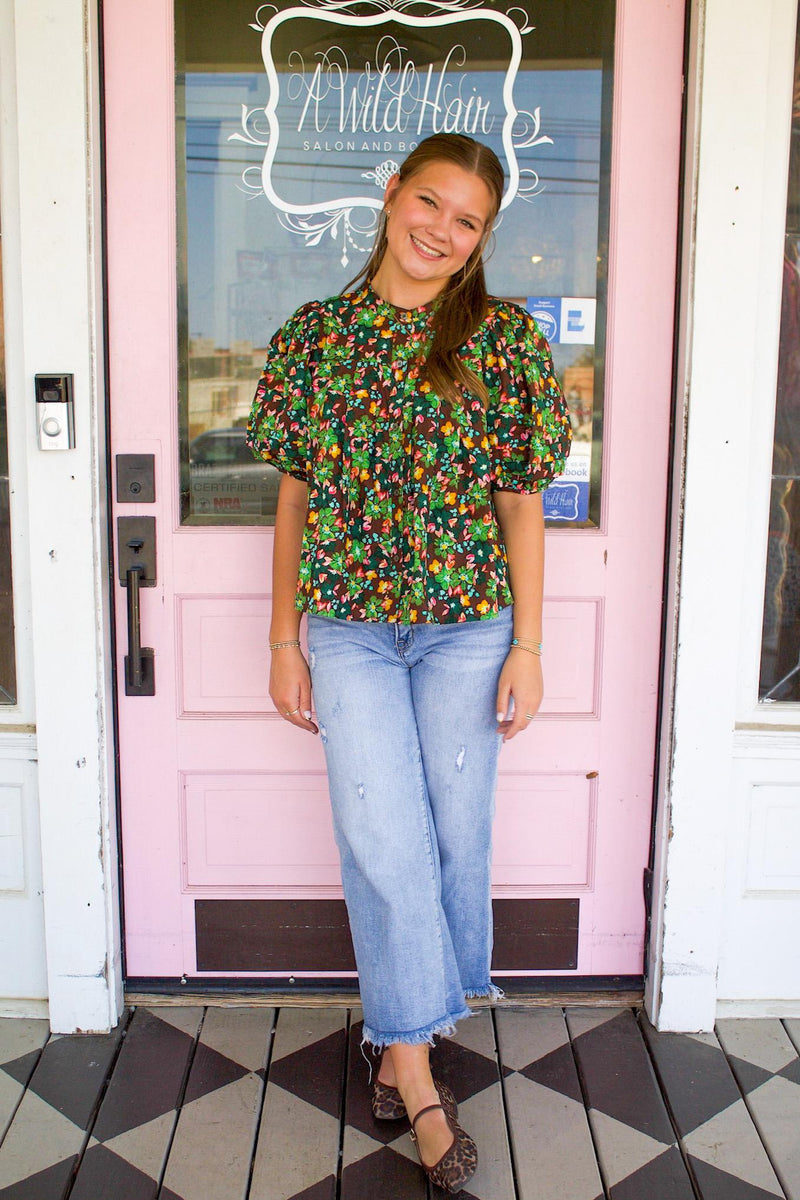KARLIE-Floral Pleat Sleeve Top