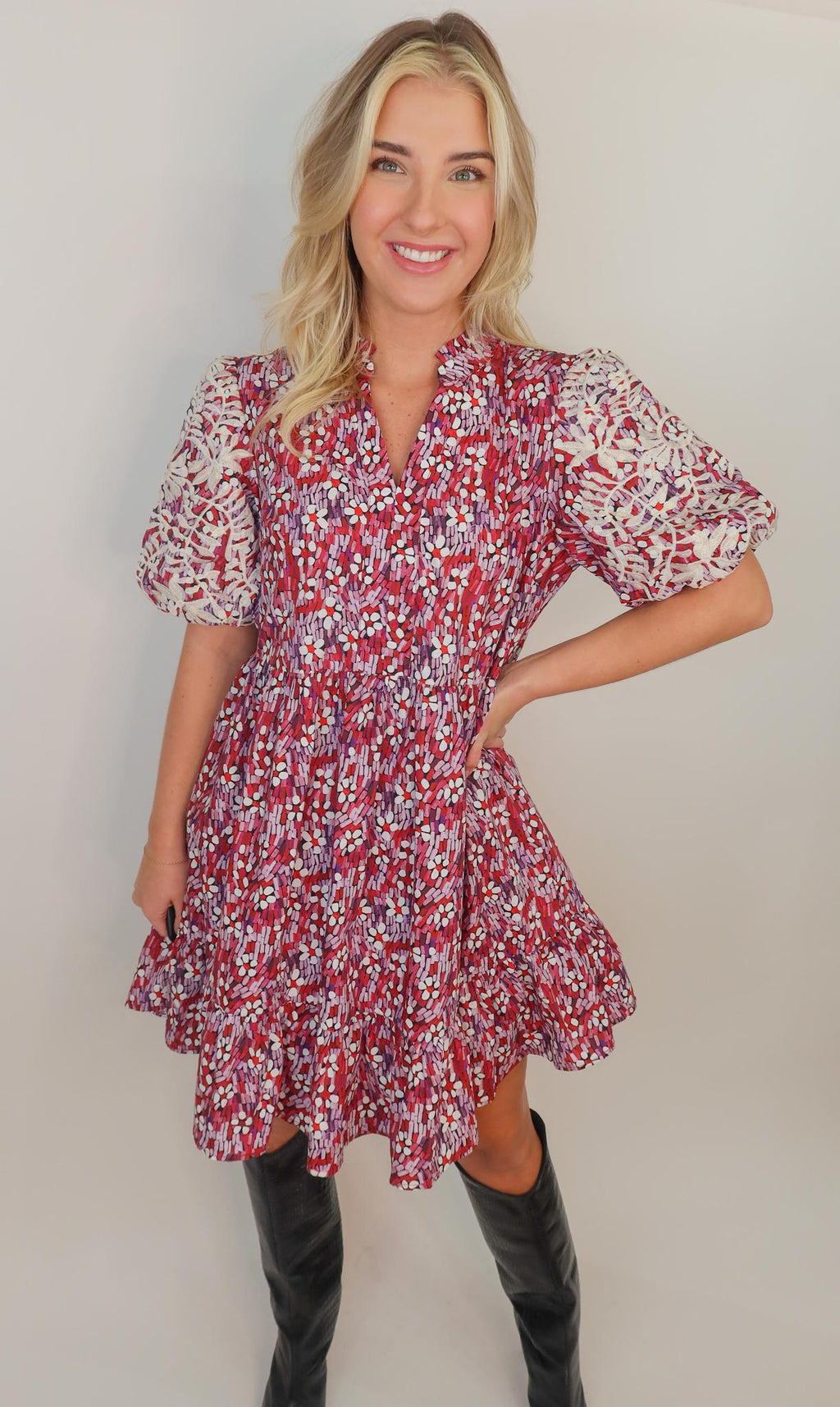 Red Embroidered Puff Sleeve Dress