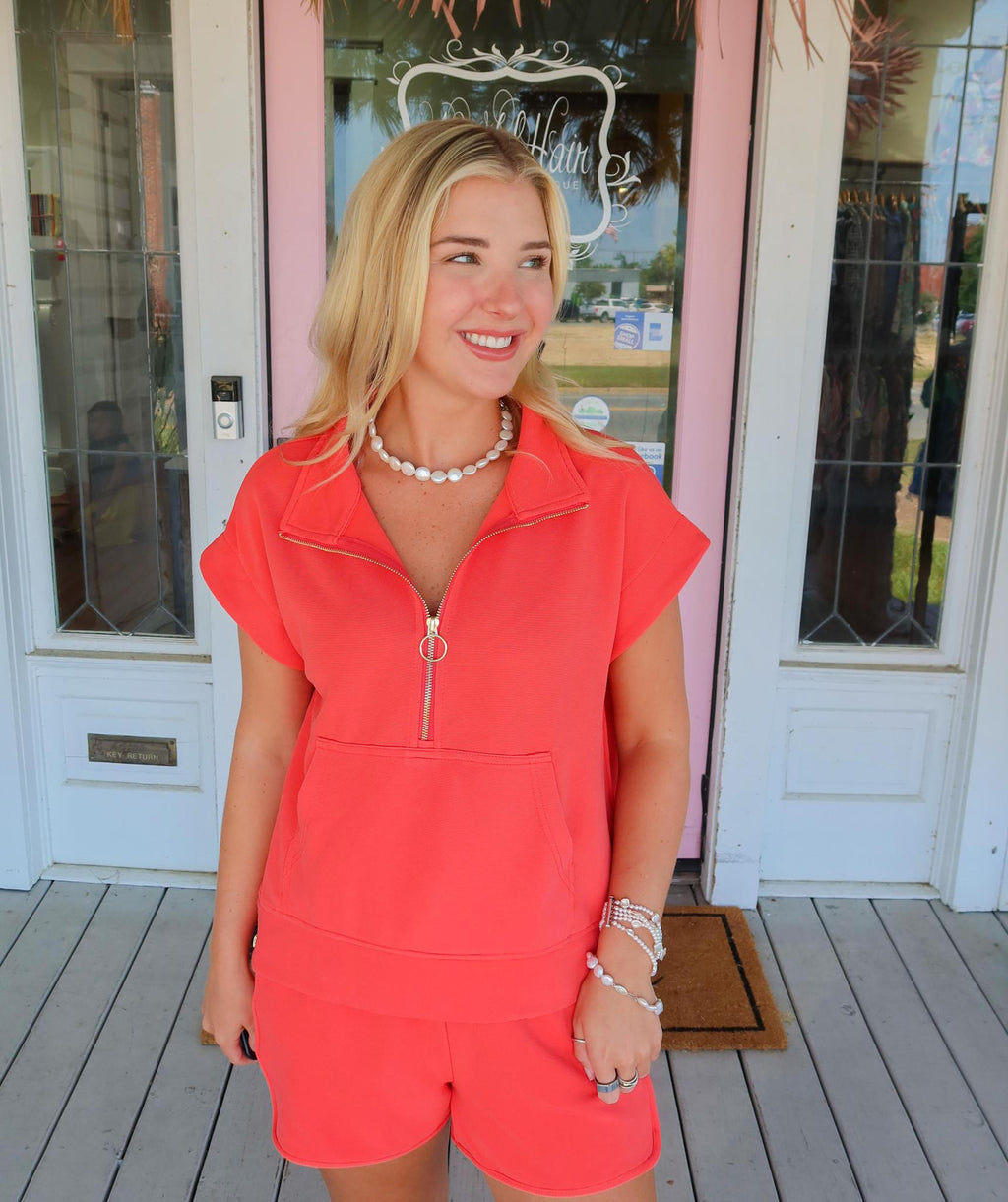 The Alice Orange/Red Half-Zip  Pullover Top