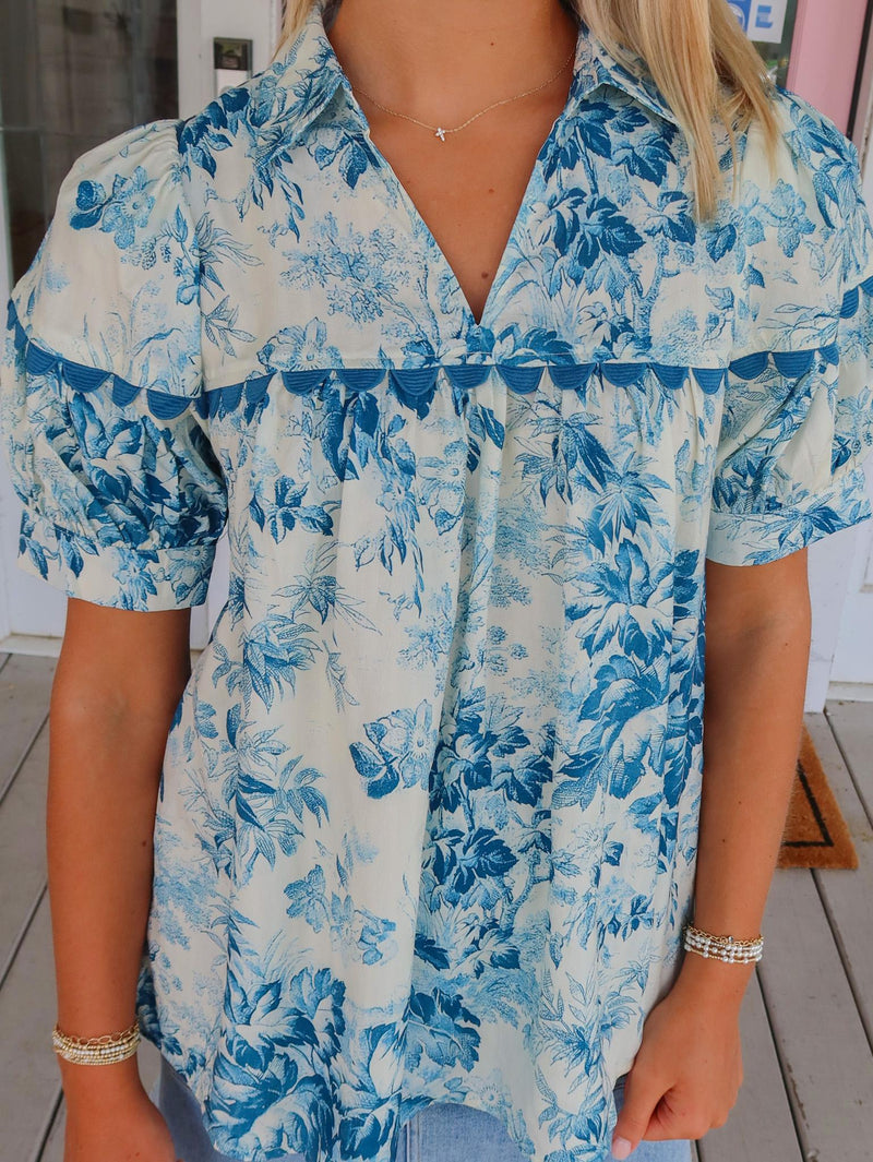 The Eva Floral Top, Teal Blue.