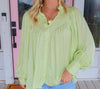 Karlie Green Solid Satin Pleat Button Up Top